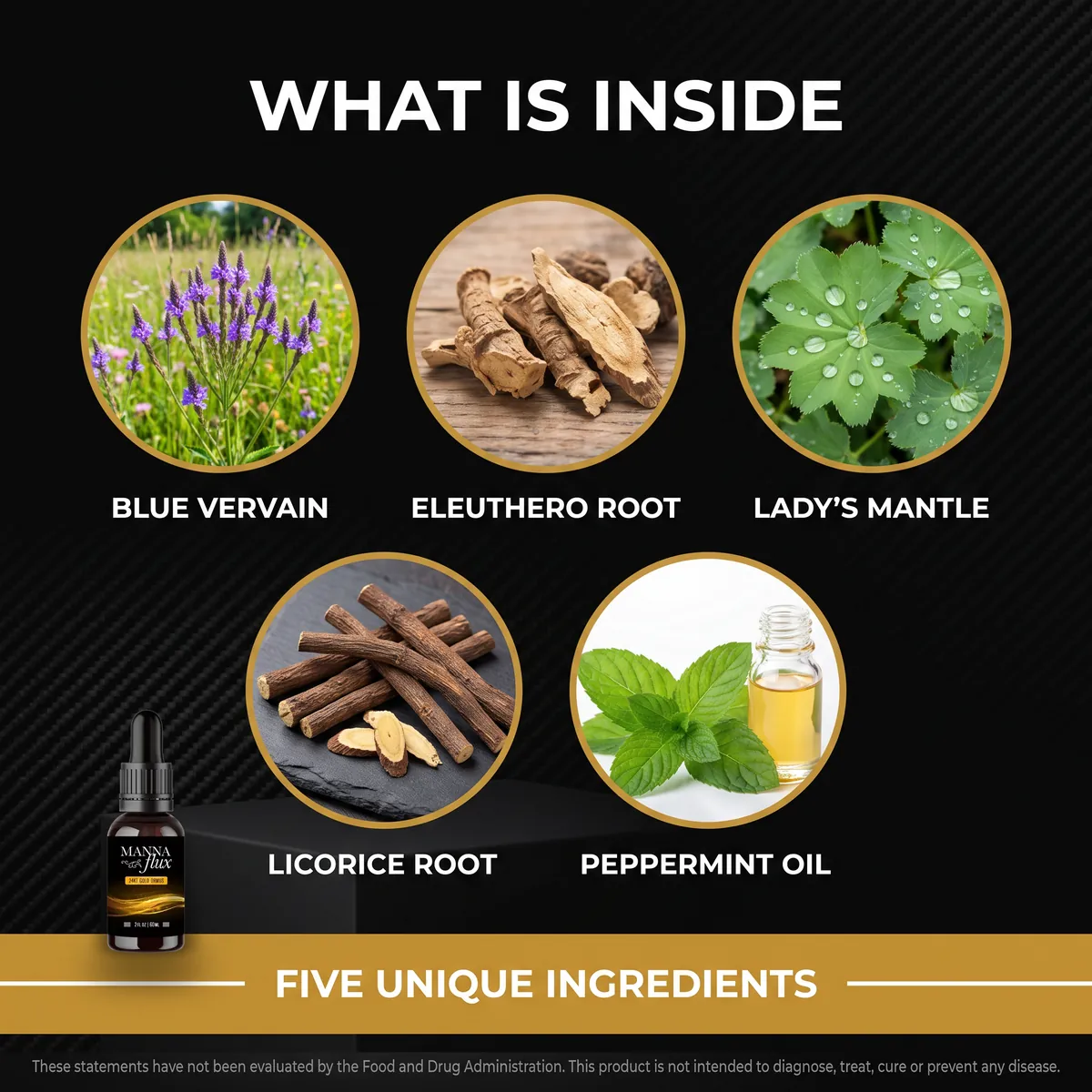 MannaFlux key botanicals: blue vervain, eleuthero root and lady's mantle